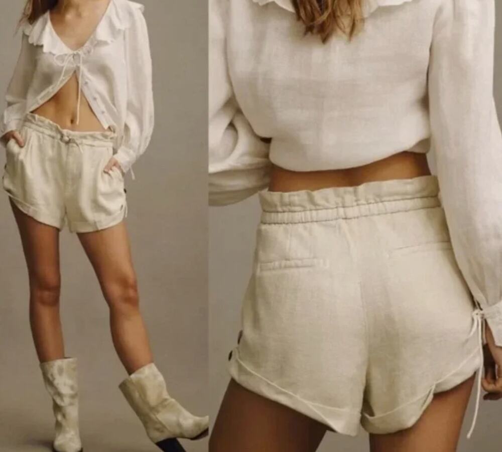 New Anthropologie Belted Paperbag Linen Blend Shorts Cream Size M